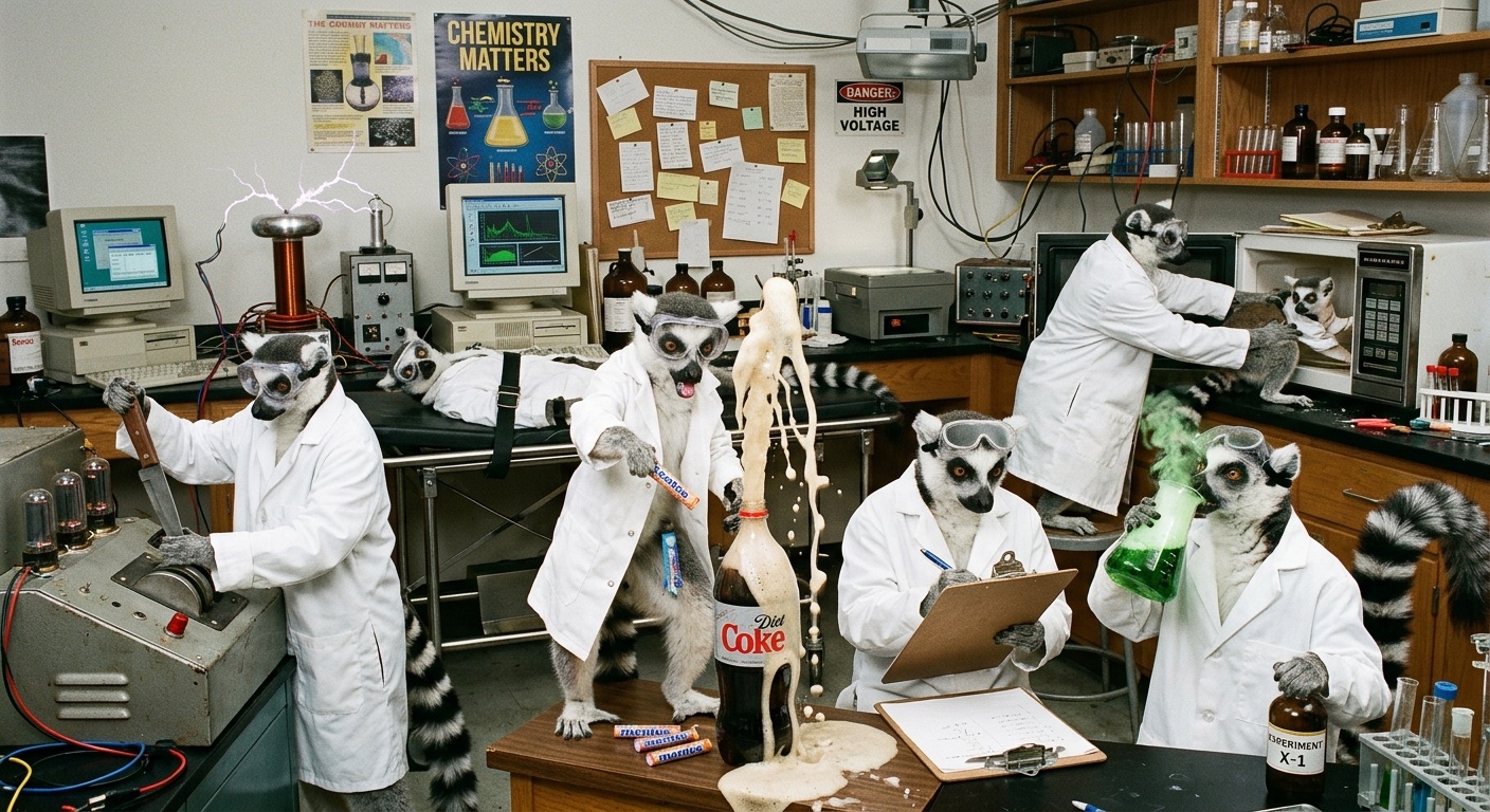 Ring-tailed lemurs in white lab coats running a chemistry experiment — the McLemurs Labs team at work.